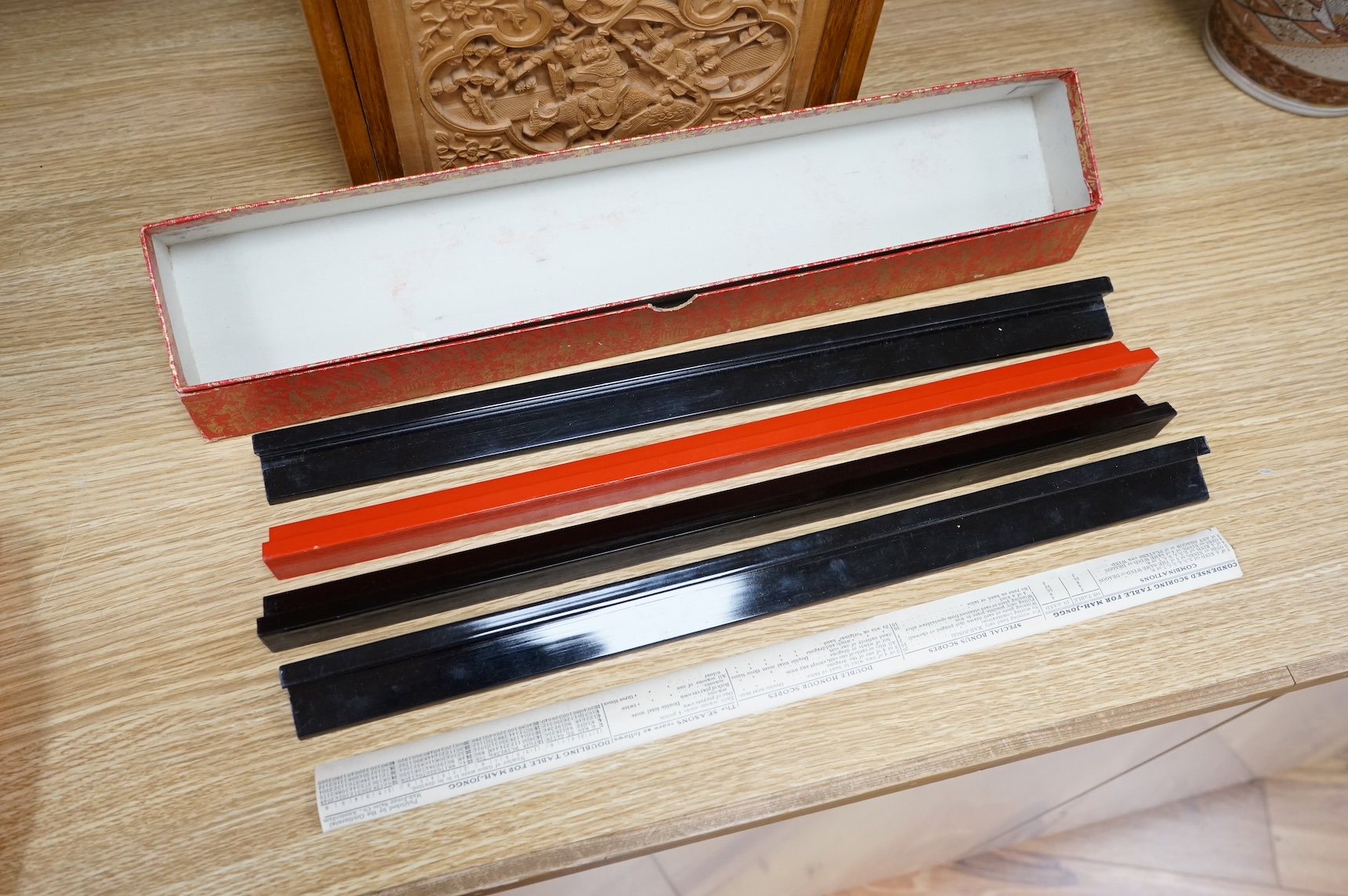 A Chinese carved boxed mahjong set and stands, box 24 cm high including handle